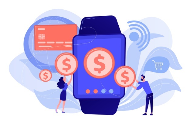 users-shopping-making-contactless-payment-with-smartwatch-smartwatch-payment-nfc-technology-nfc-payment-concept-pinkish-coral-bluevector-isolated-illustration